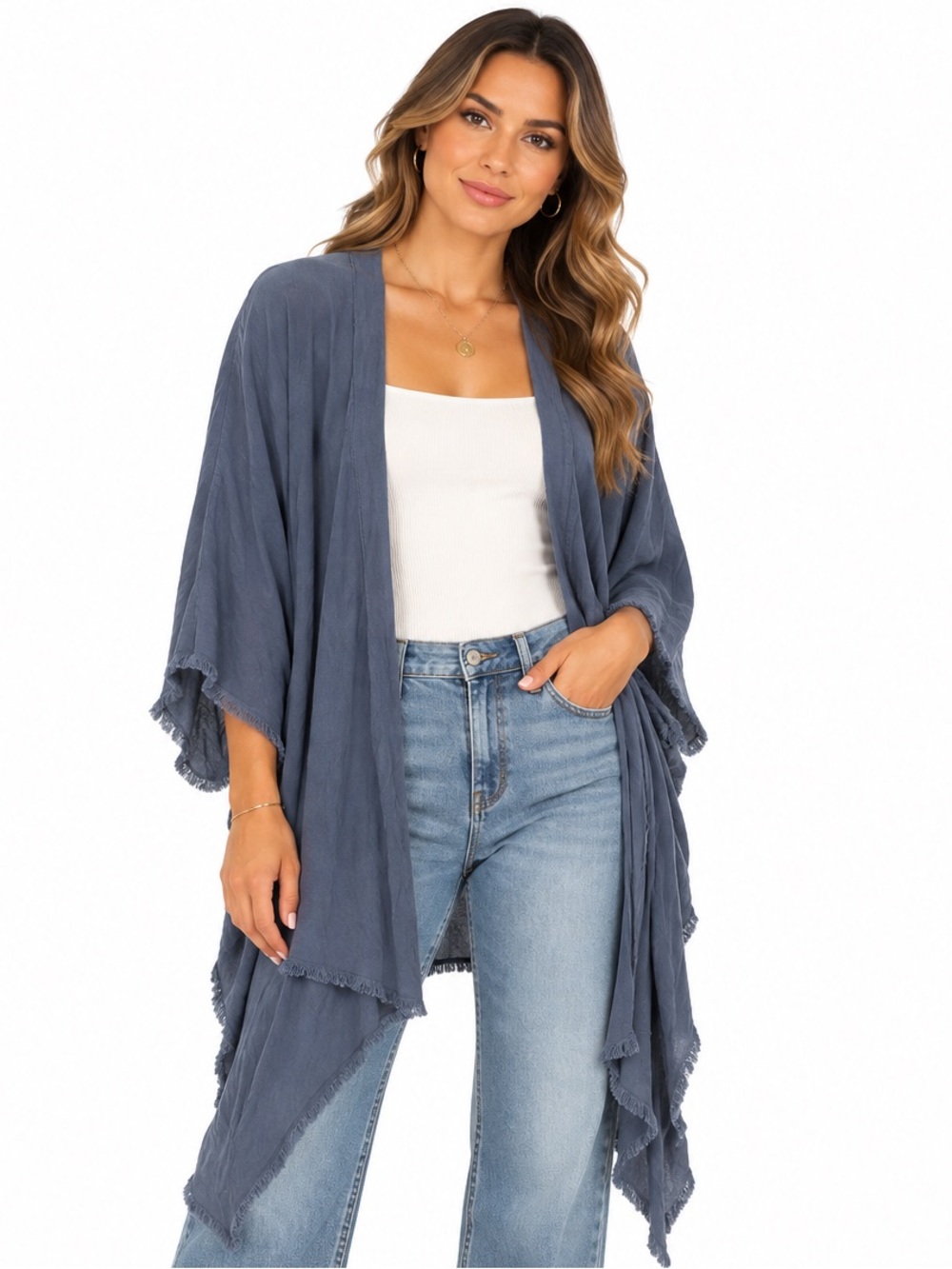 Umgee Blue Raw Hem Draped Open Front Cardigan Duster Boho Kimono NEW
